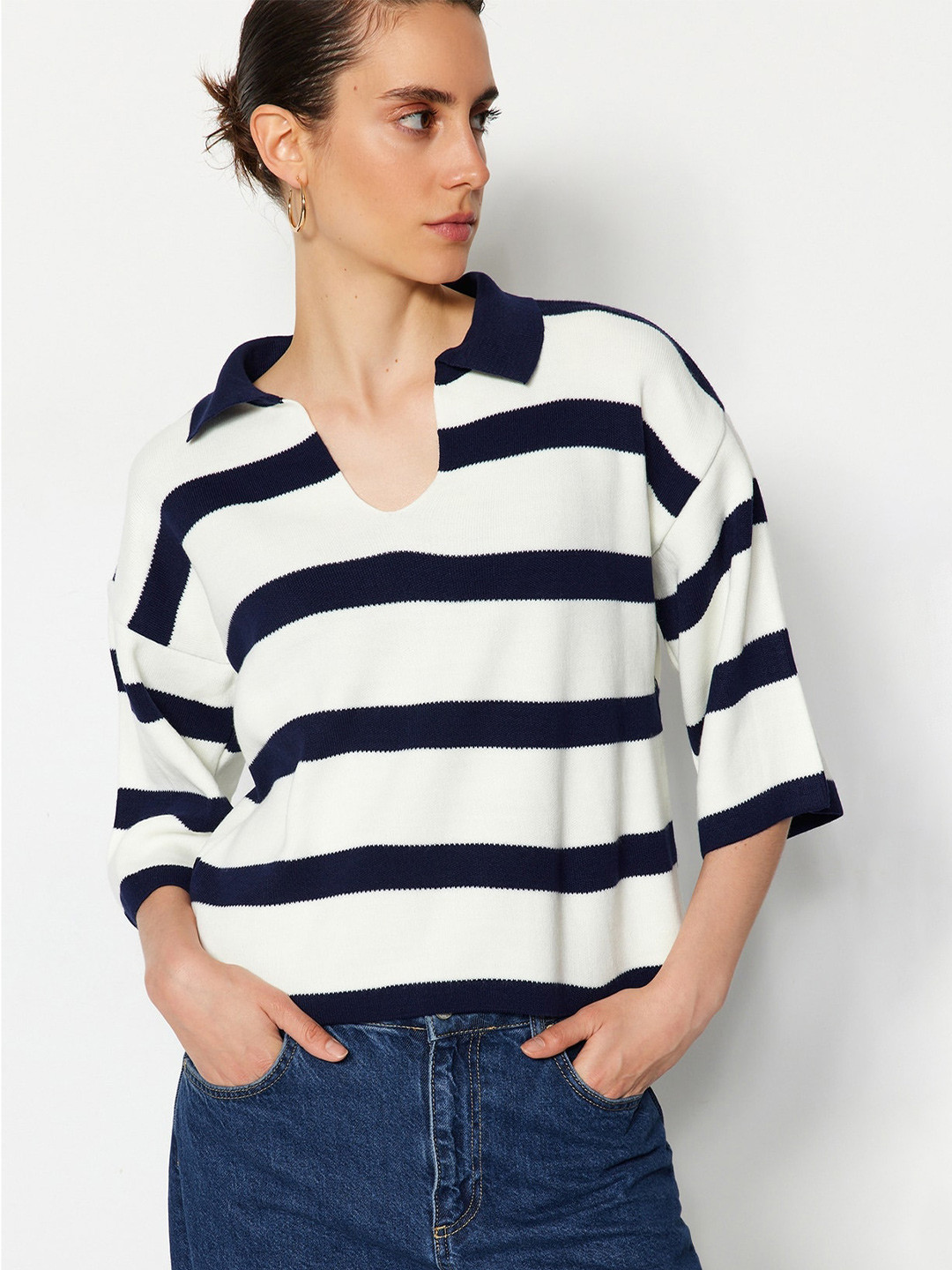 

Trendyol Striped Shirt Collar Acrylic Pullover Sweaters, Blue