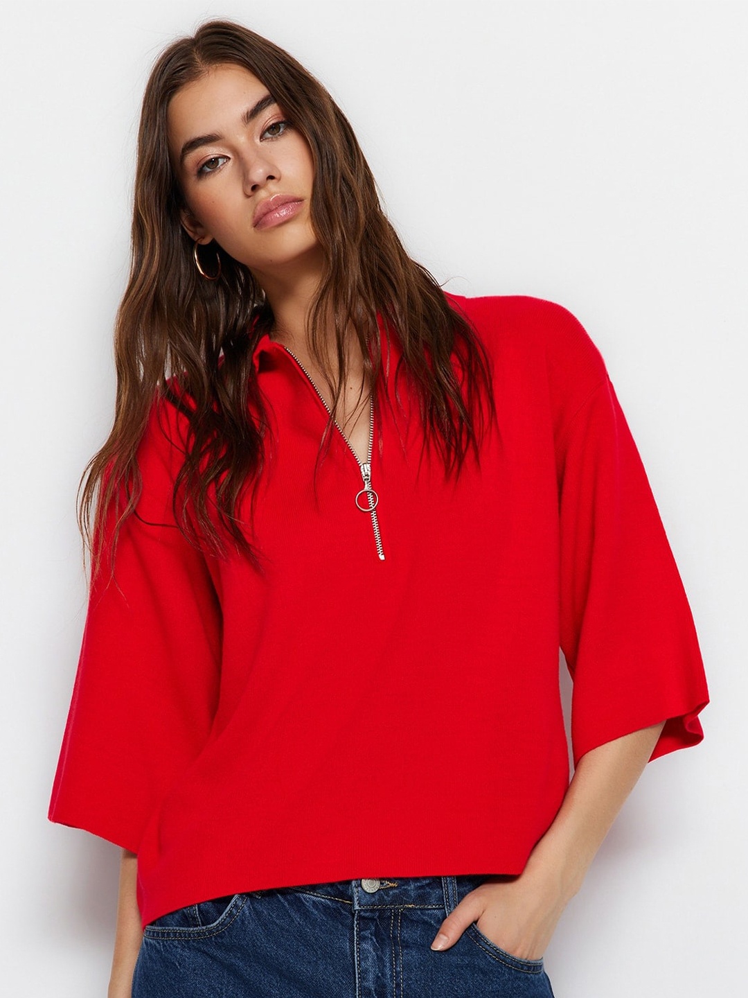 

Trendyol Shirt Collar Acrylic Pullover Sweater, Red