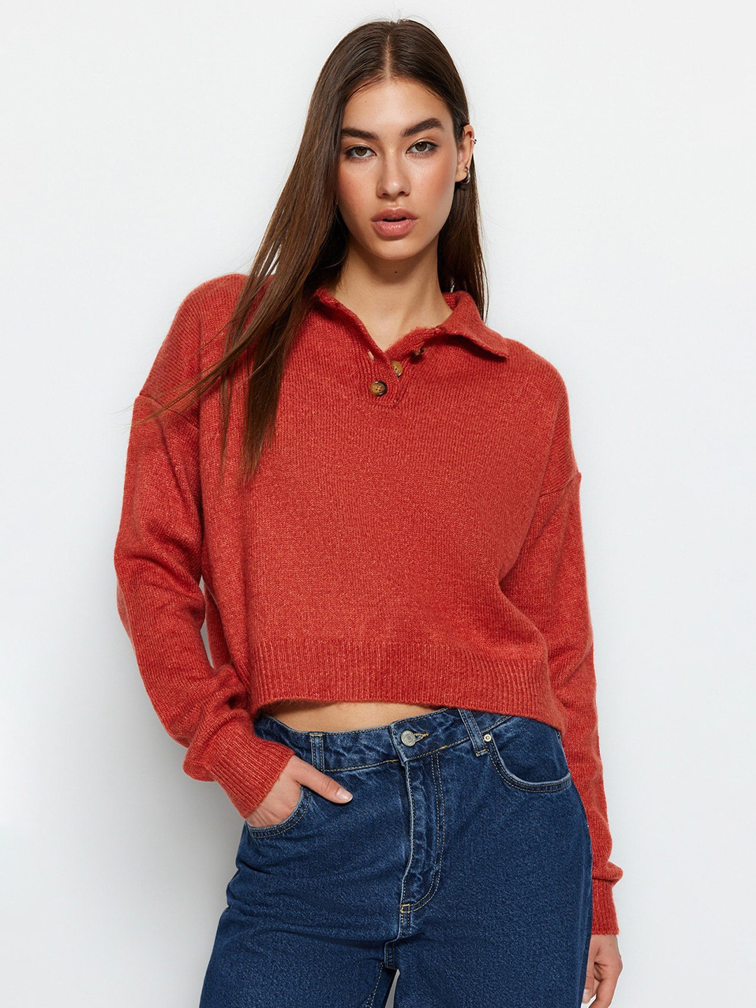 

Trendyol Shirt Collar Crop Pullover Sweater, Brown