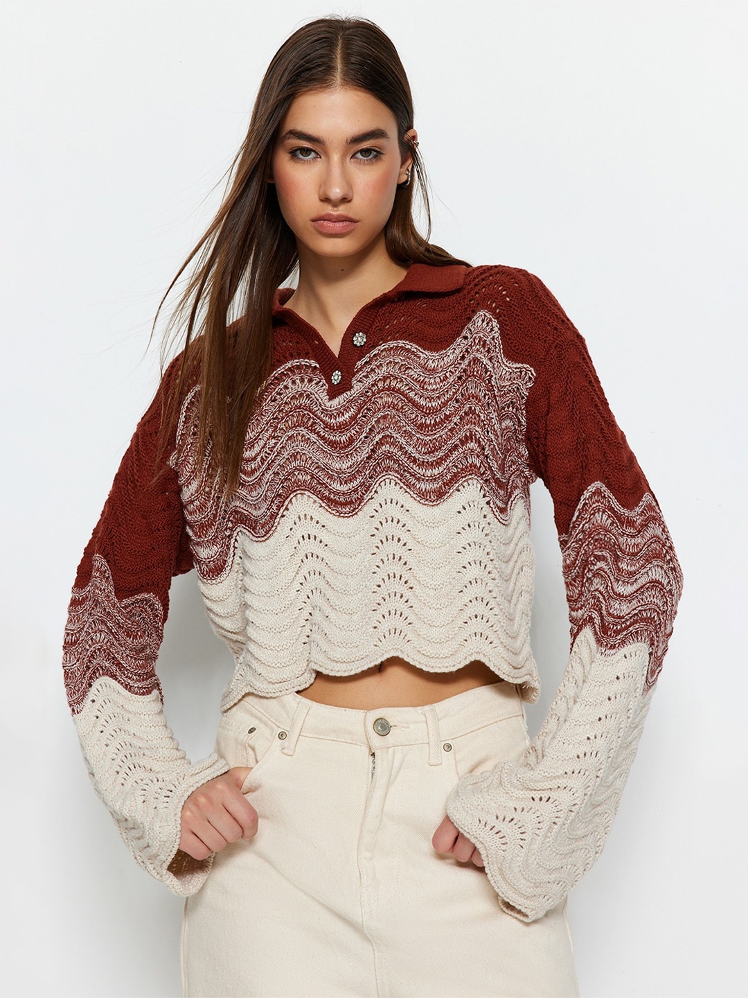 

Trendyol Cable Knit Acrylic Spread Collar Crop Pullover Sweaters, Brown