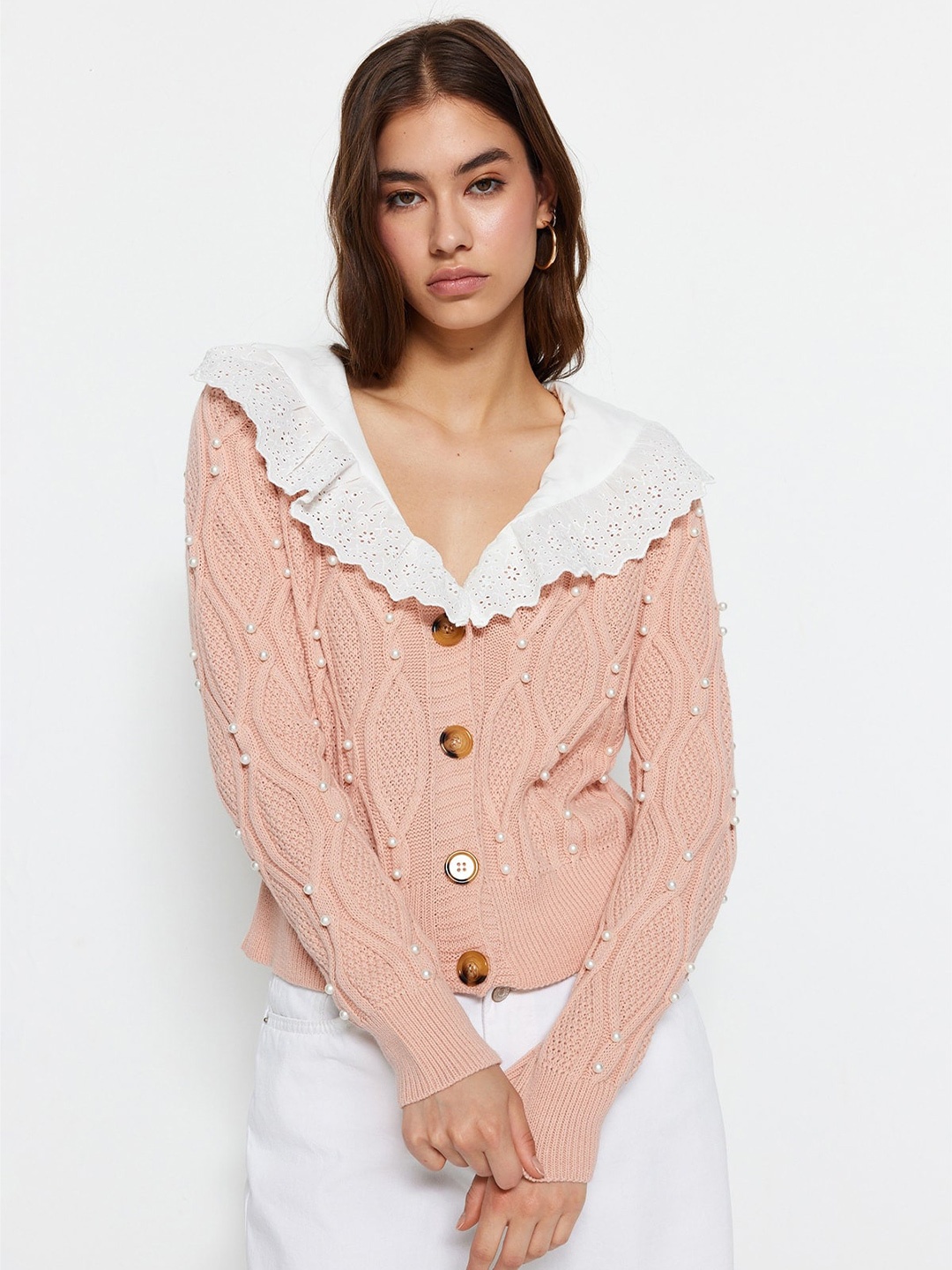 

Trendyol Cable Knit Beaded Acrylic Cardigan Sweater, Pink