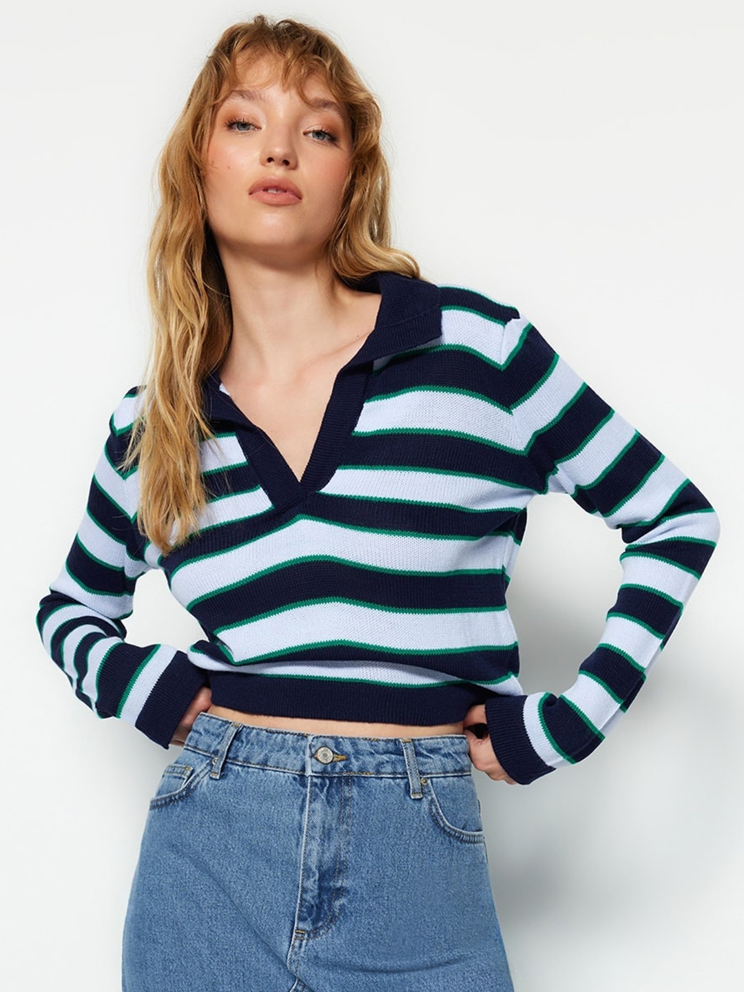 

Trendyol Striped Self Design Ribbed Acrylic Pullover, Navy blue