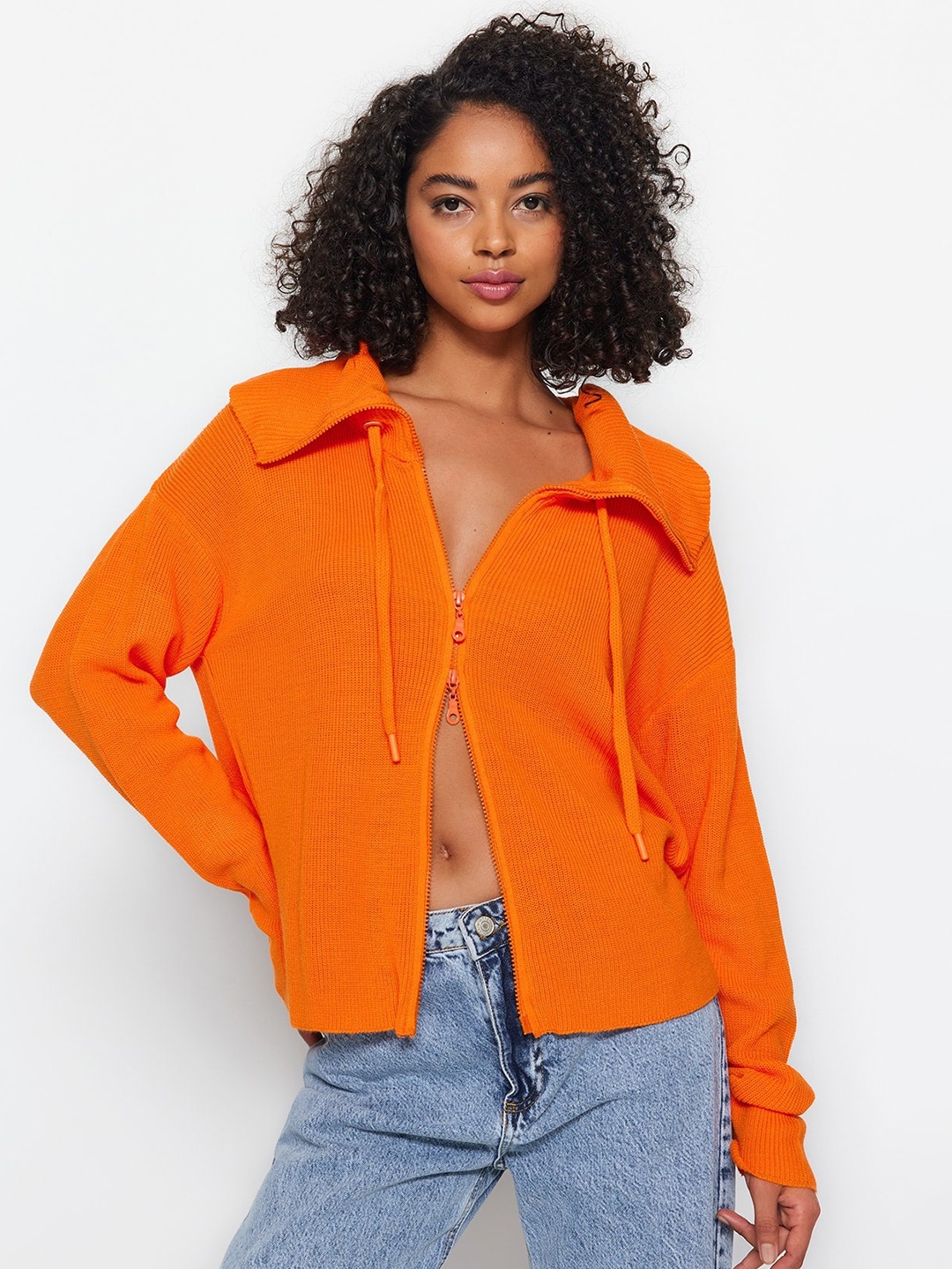

Trendyol Ribbed Acrylic Front-Open Sweater, Orange