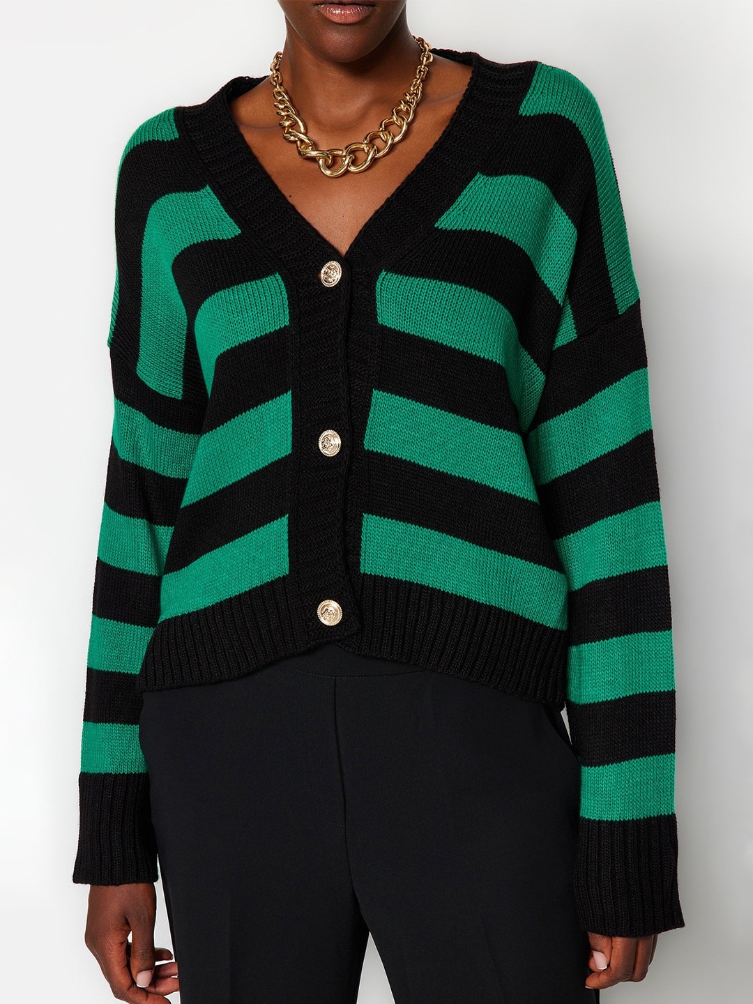 

Trendyol Striped Pure Acrylic Cardigan, Green