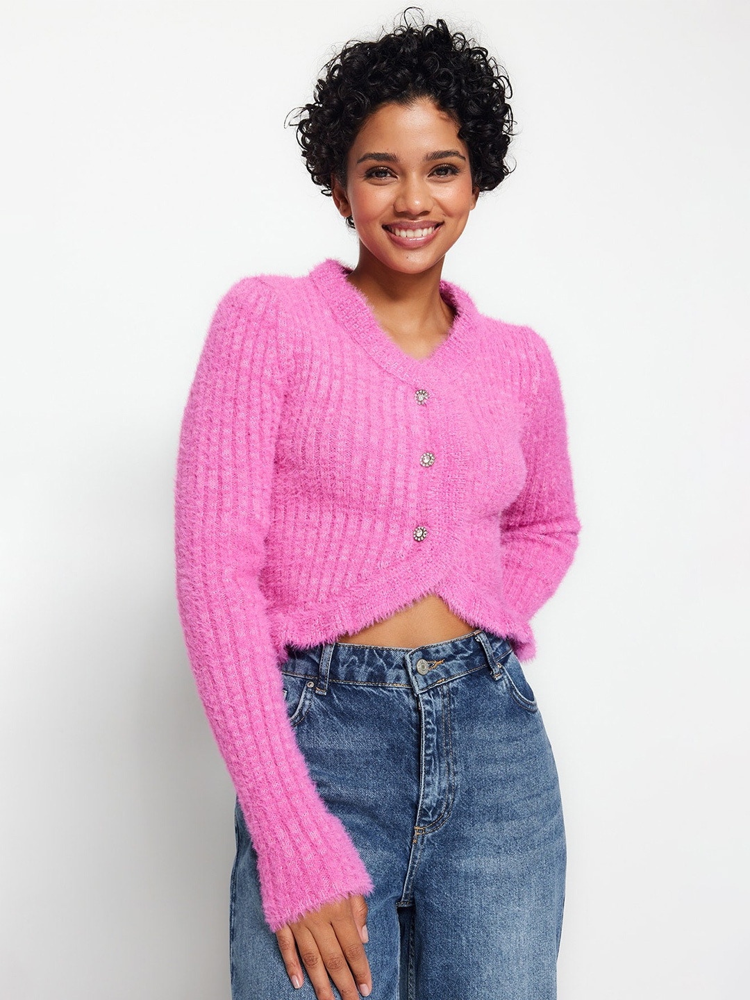 

Trendyol Cable Knit Crop Cardigan Acrylic Sweater, Pink