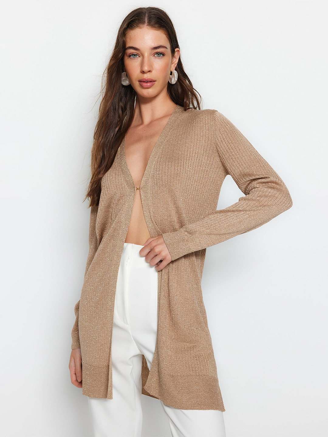

Trendyol Striped Longline Front-Open Sweaters, Beige