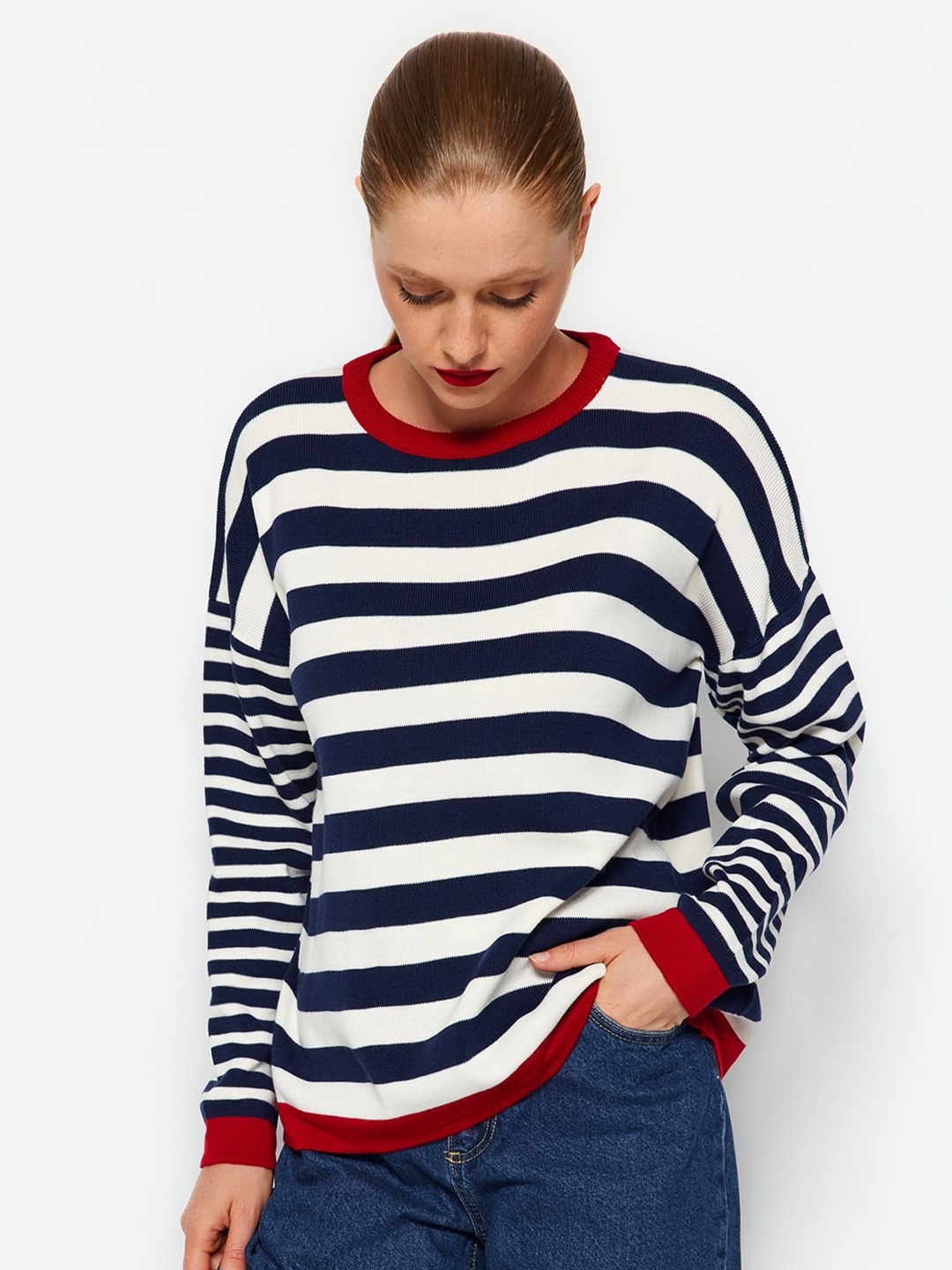 

Trendyol Striped Round Neck Pure Acrylic Pullover, Navy blue
