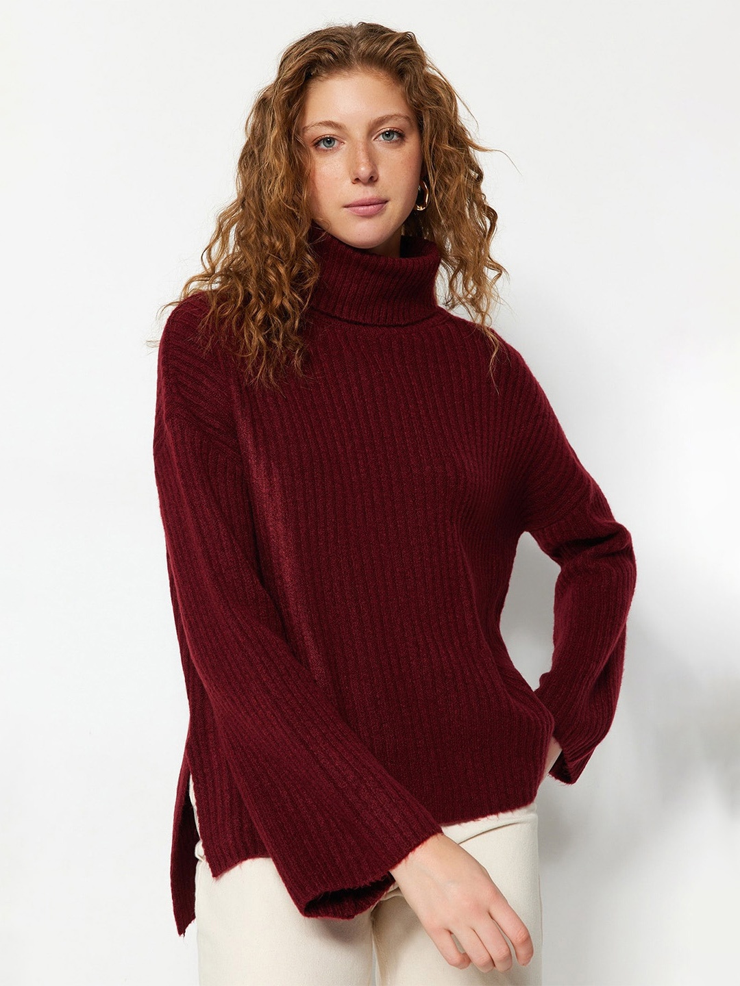 

Trendyol Turtle Neck Ribbed Pullover Sweater, Burgundy