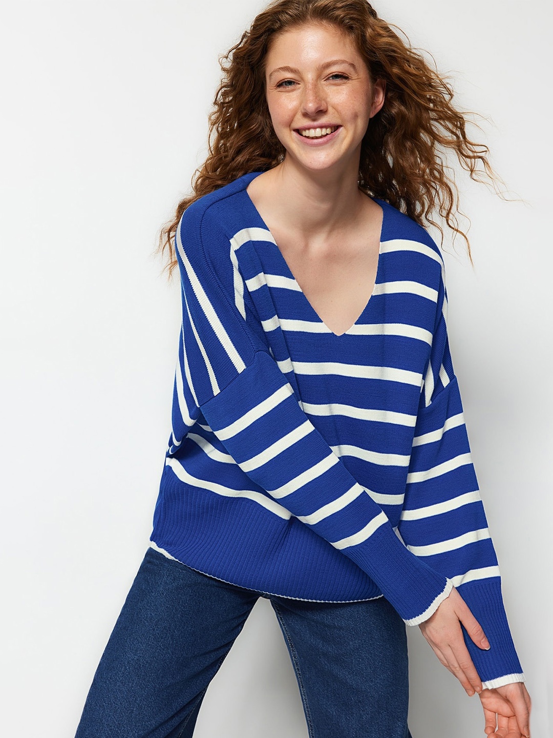 

Trendyol Striped V-Neck Drop Shoulder Acrylic Pullover, Blue
