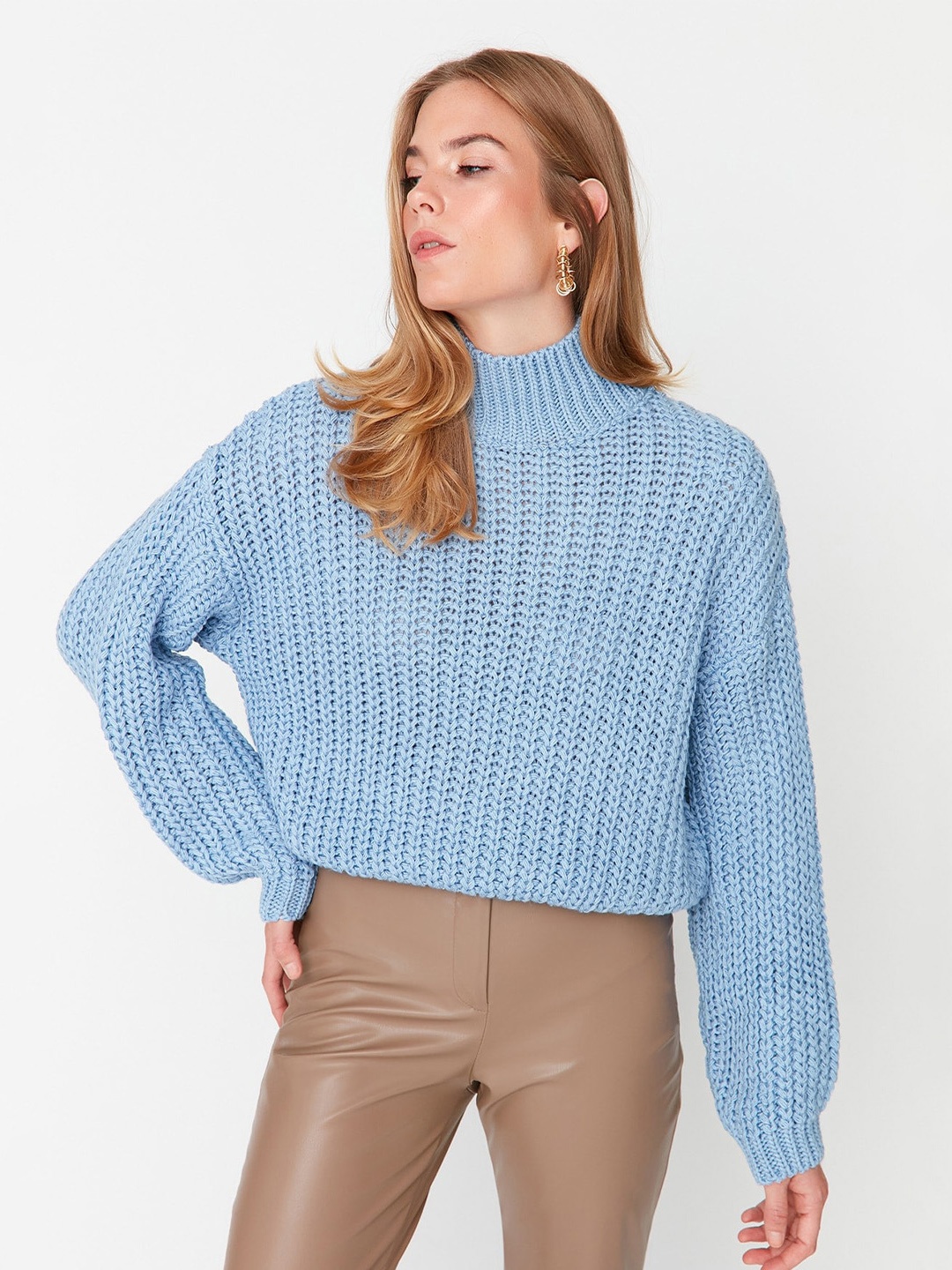 

Trendyol Open Knit Self Design Mock Collar Pullover, Blue