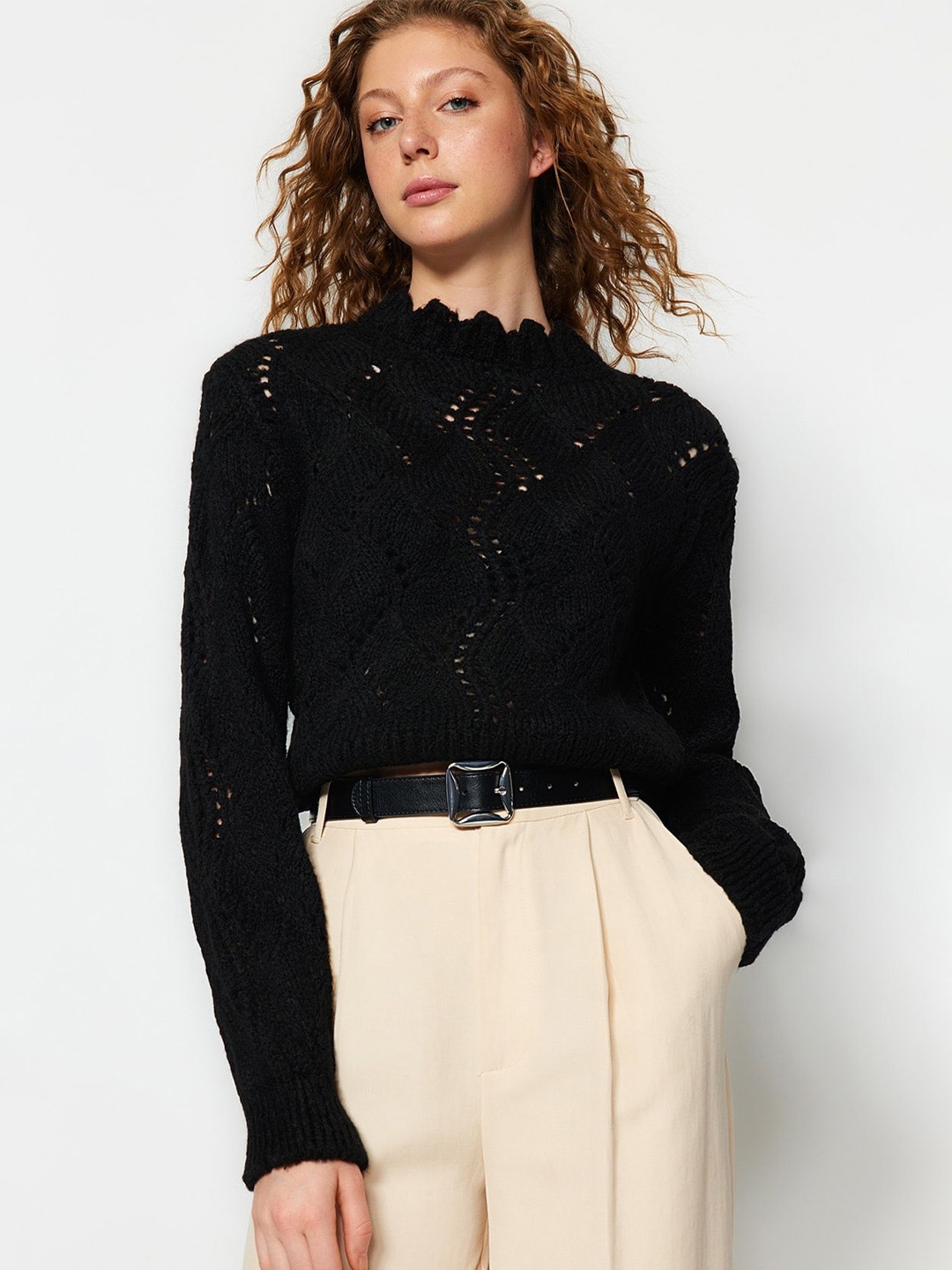 

Trendyol Open Knit Self Design Pullover Sweaters, Black