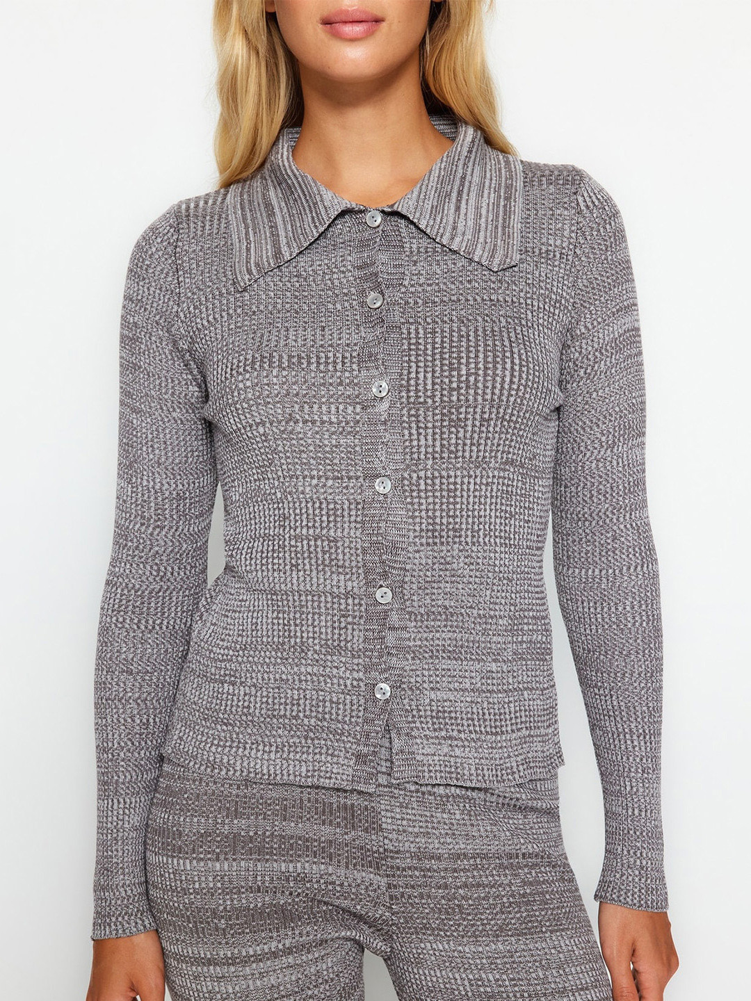 

Trendyol Shirt Collar Ribbed Cardigan, Grey