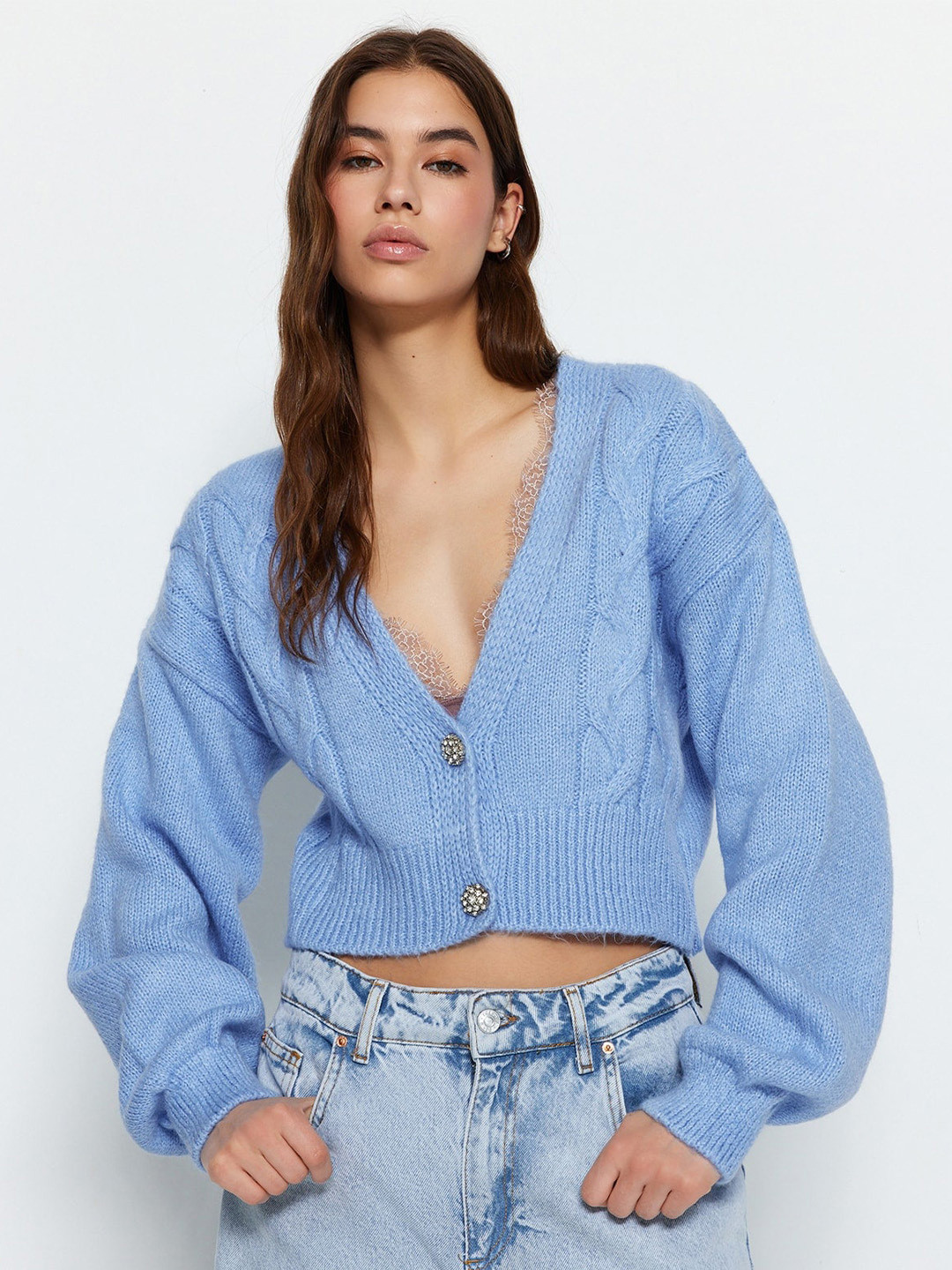 

Trendyol Cable Knit Self Design V-Neck Cropped Acrylic Cardigan, Blue