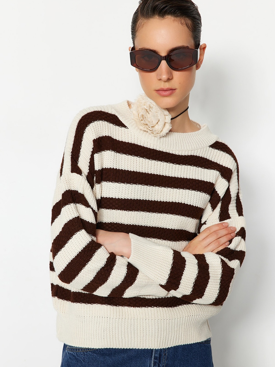 

Trendyol Striped Acrylic Pullover Sweater, Beige