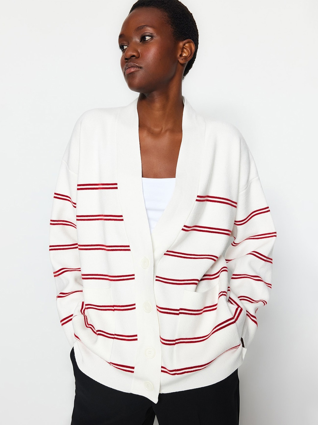 

Trendyol Striped V-Neck Cardigan, Off white