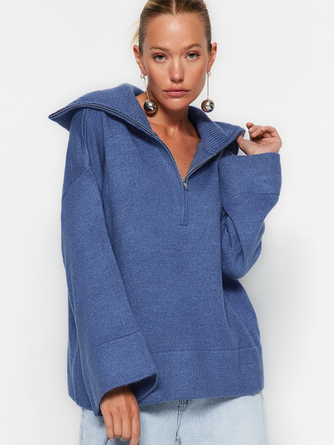 

Trendyol Mock Collar Ribbed Pullover, Blue