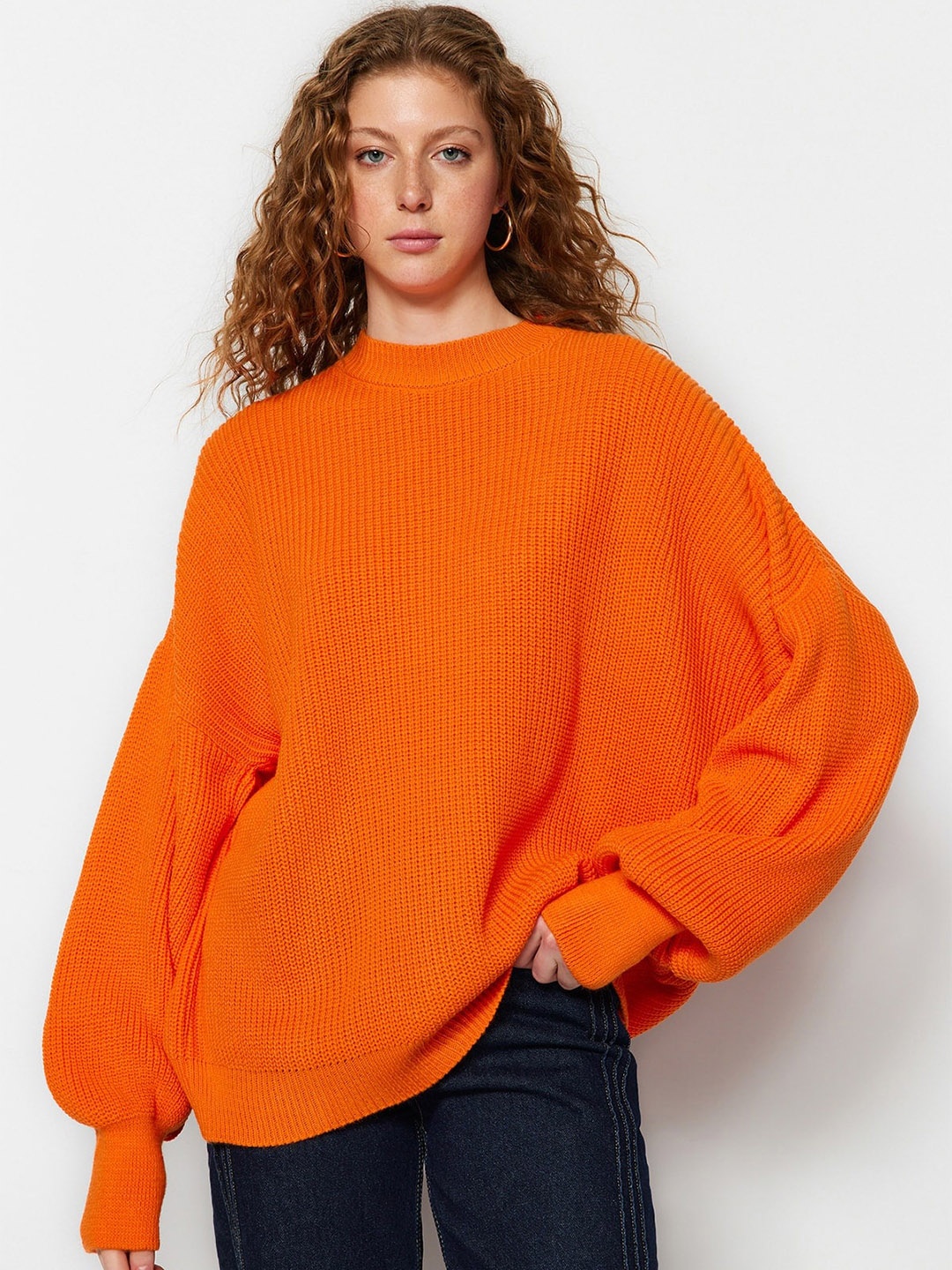 

Trendyol Ribbed Oversized Longline Pullover, Orange