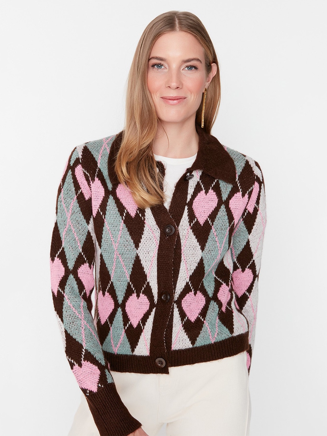 

Trendyol Geometric Self Design Cardigan, Brown