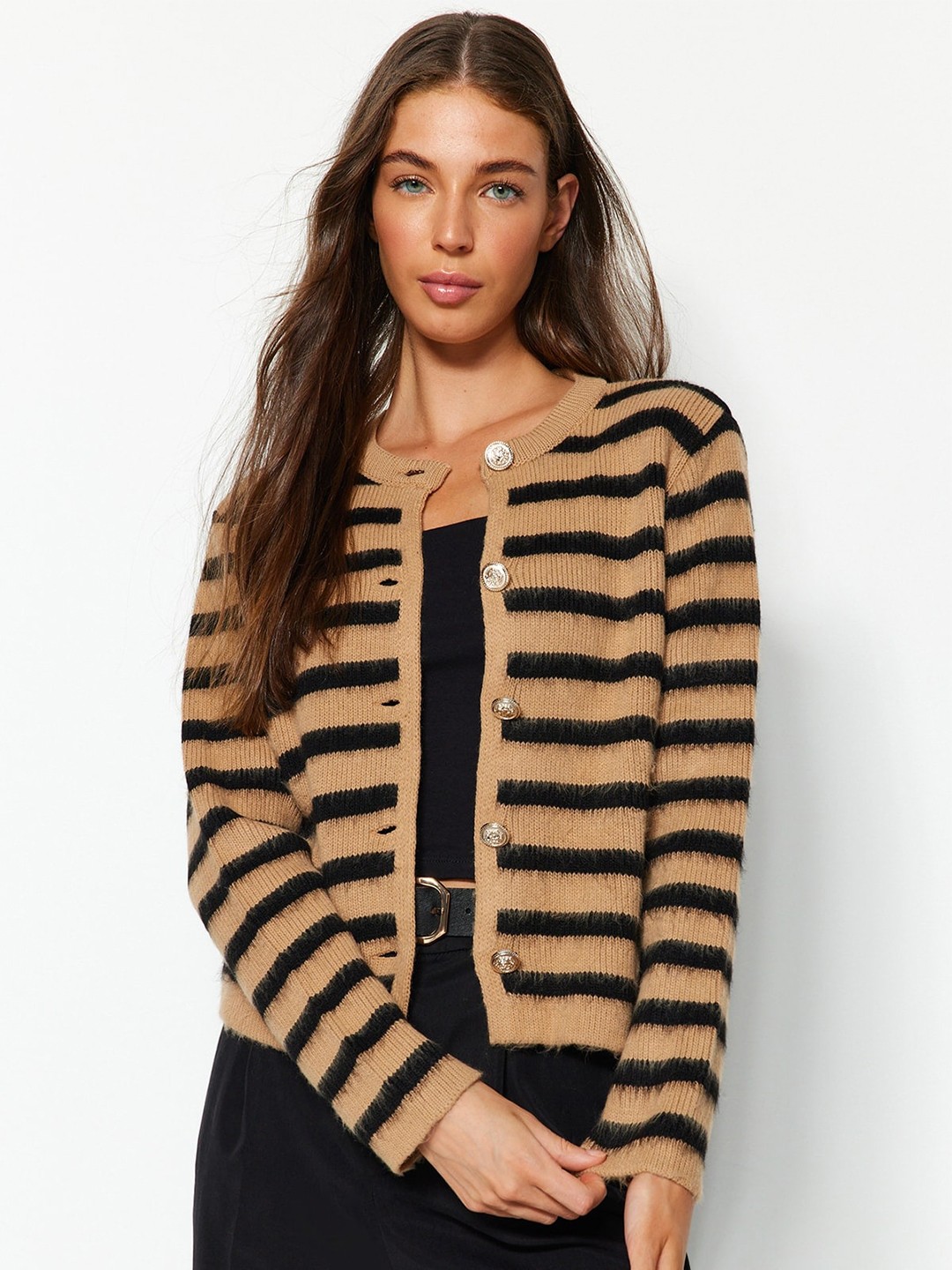 

Trendyol Striped Ribbed Cardigan, Brown