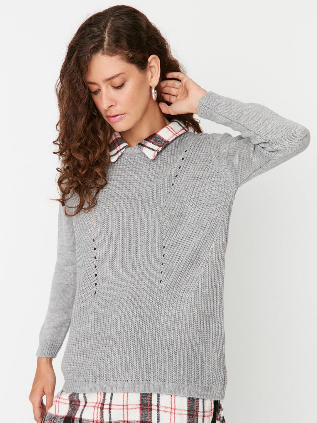 

Trendyol Self Design Cable Knit Pullover, Grey