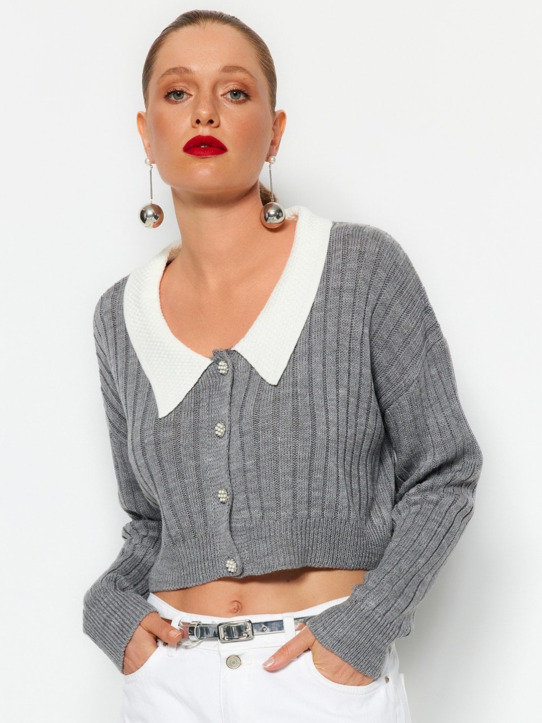 

Trendyol Striped Crop Cardigan, Grey