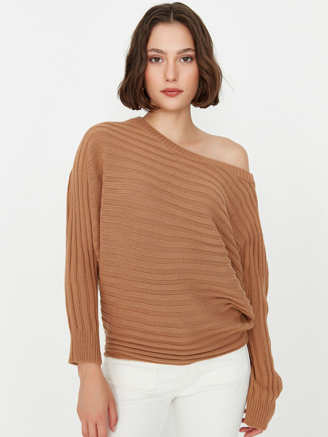 

Trendyol Self Design Striped Pullover, Brown
