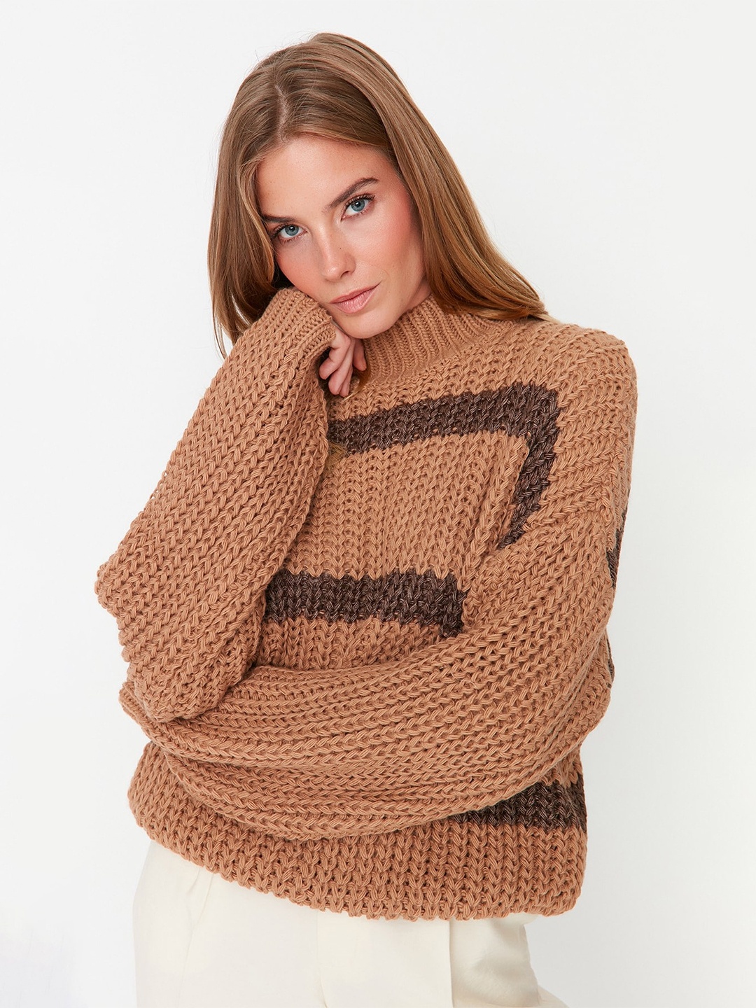 

Trendyol Turtle Neck Striped Pullover, Brown