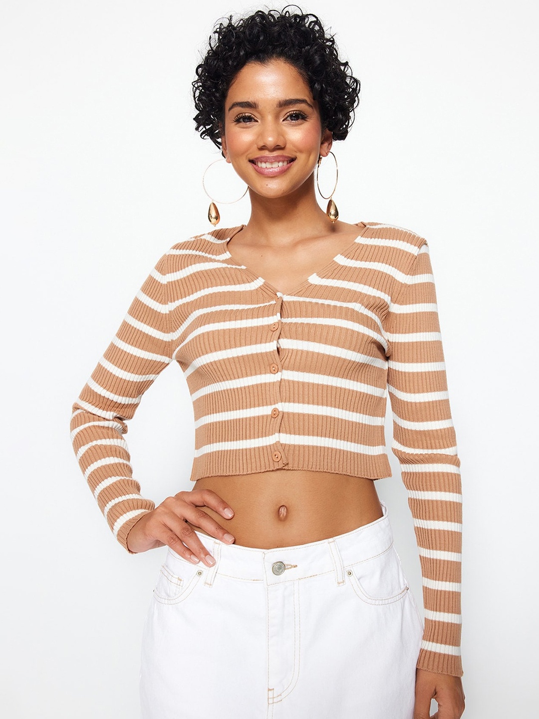 

Trendyol Striped V-Neck Acrylic Crop Cardigan, Brown