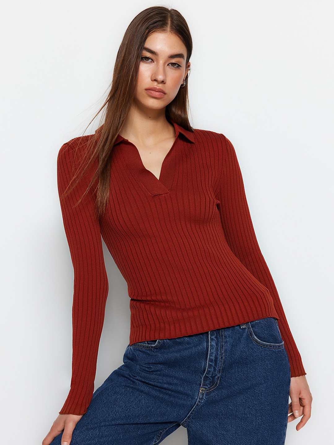 

Trendyol Striped V-Neck Pullover, Maroon