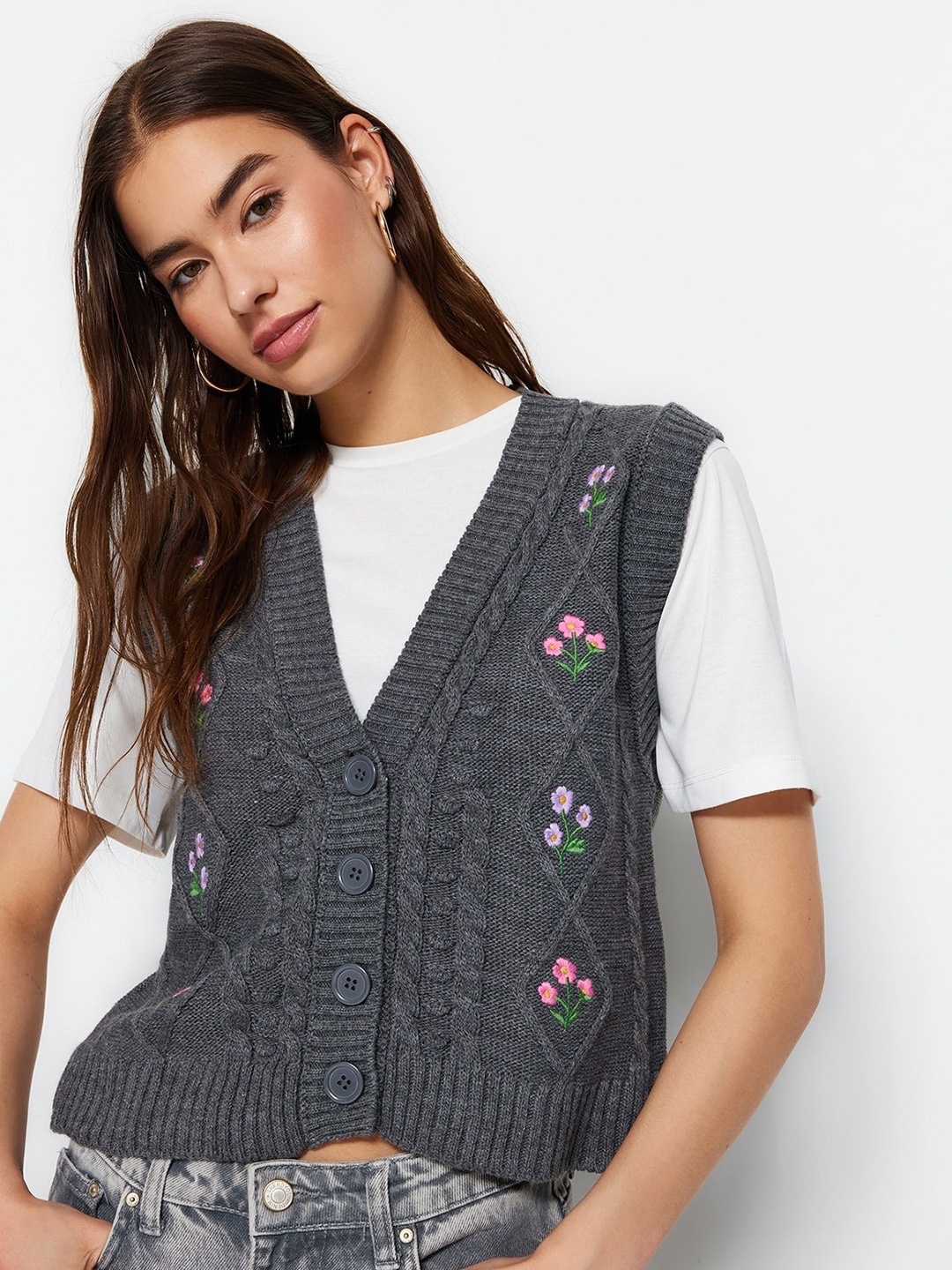 

Trendyol Floral Embroidered Sweater Vest, Grey