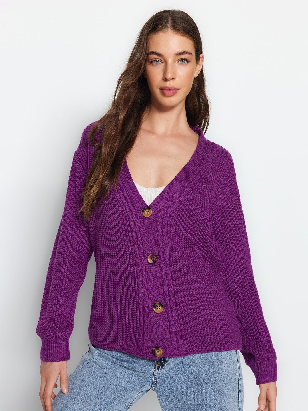 

Trendyol Cable Knit Cardigan Sweater, Purple