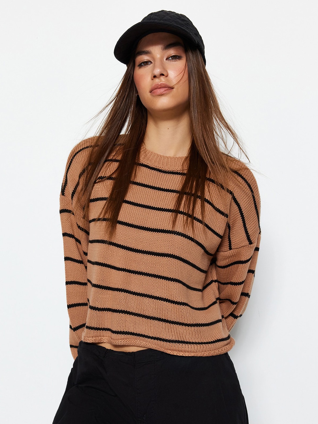 

Trendyol Striped Acrylic Pullover Sweater, Brown