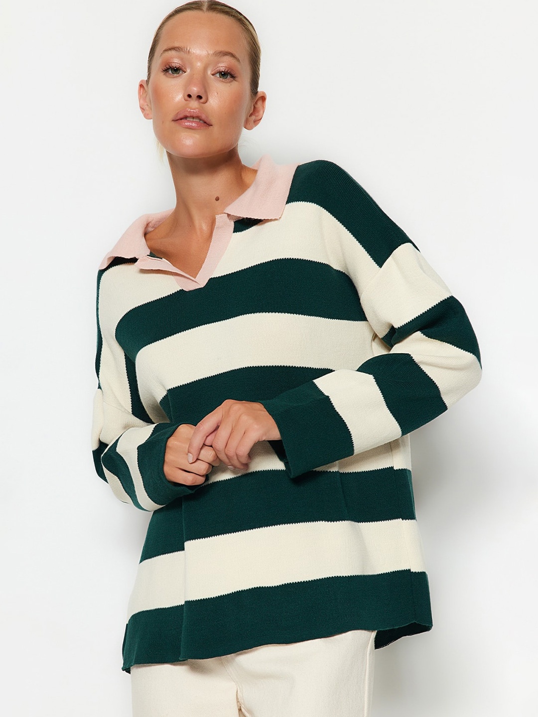 

Trendyol Striped Pure Acrylic Pullover, Green