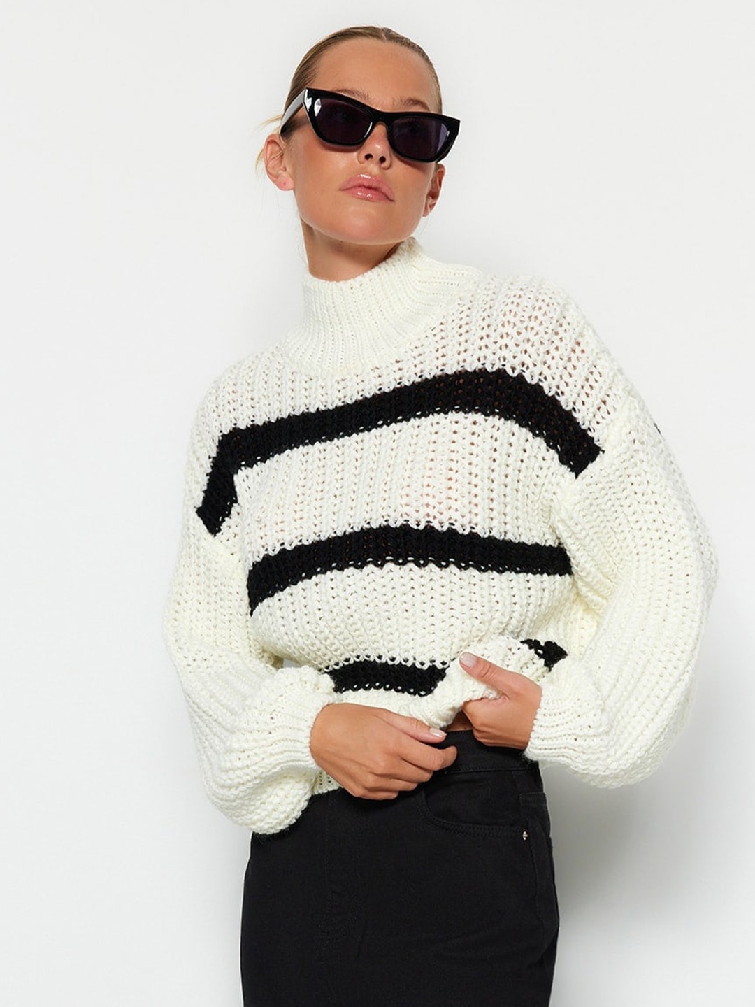 

Trendyol Striped Turtle Neck Acrylic Pullover, White