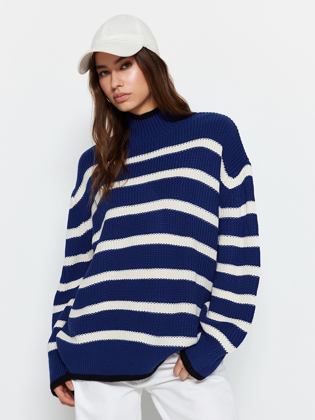 

Trendyol Striped Acrylic Turtle Neck Pullover Sweaters, Blue