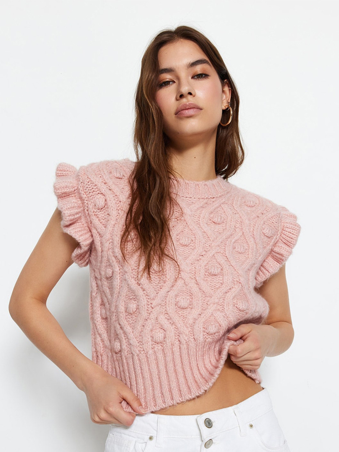

Trendyol Cable Knit Crop Sweater Vest, Pink