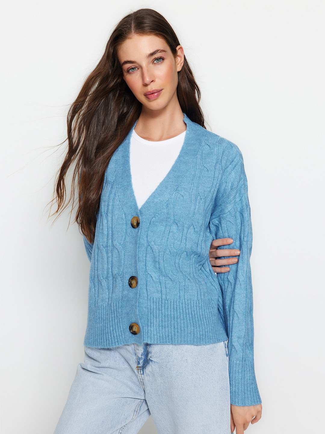 

Trendyol Self Designed Cable Knit Cardigan, Blue