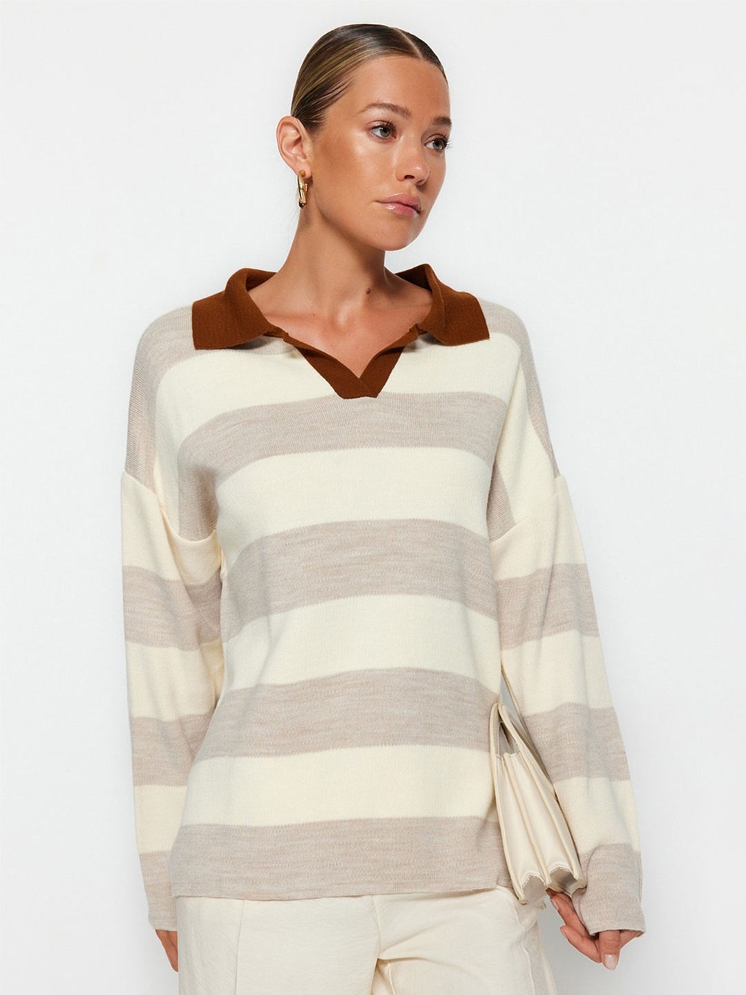 

Trendyol Striped Shirt Collar Pullover, Beige