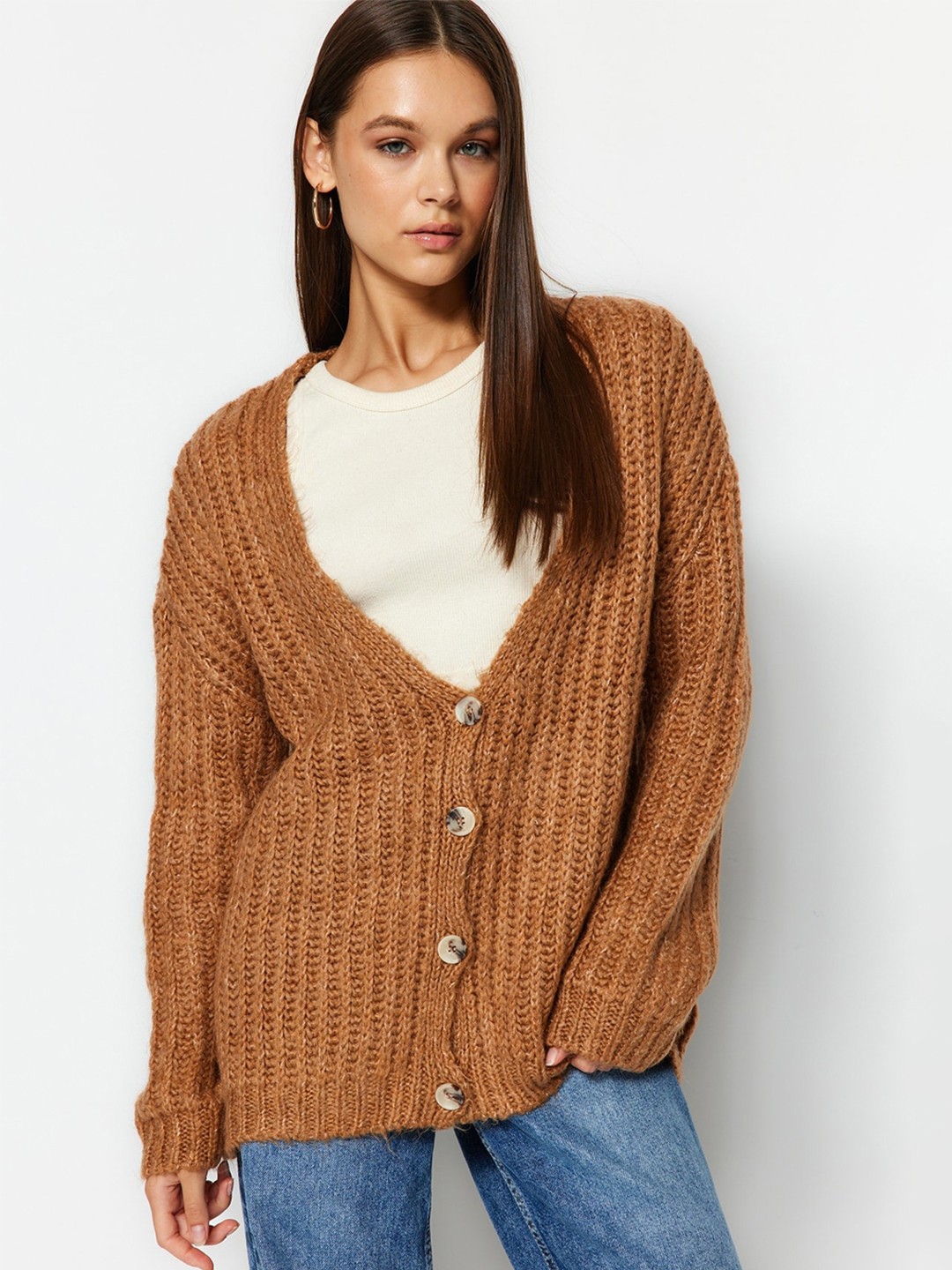 

Trendyol V-Neck Cable Knit Cardigan Sweaters, Camel brown