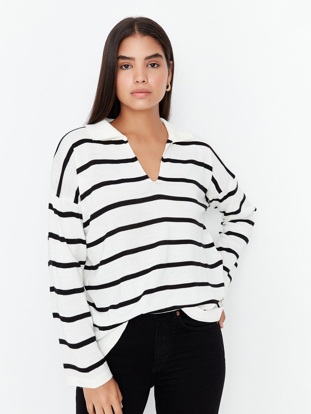 

Trendyol Striped Shirt Collar Acrylic Pullover Sweater, White