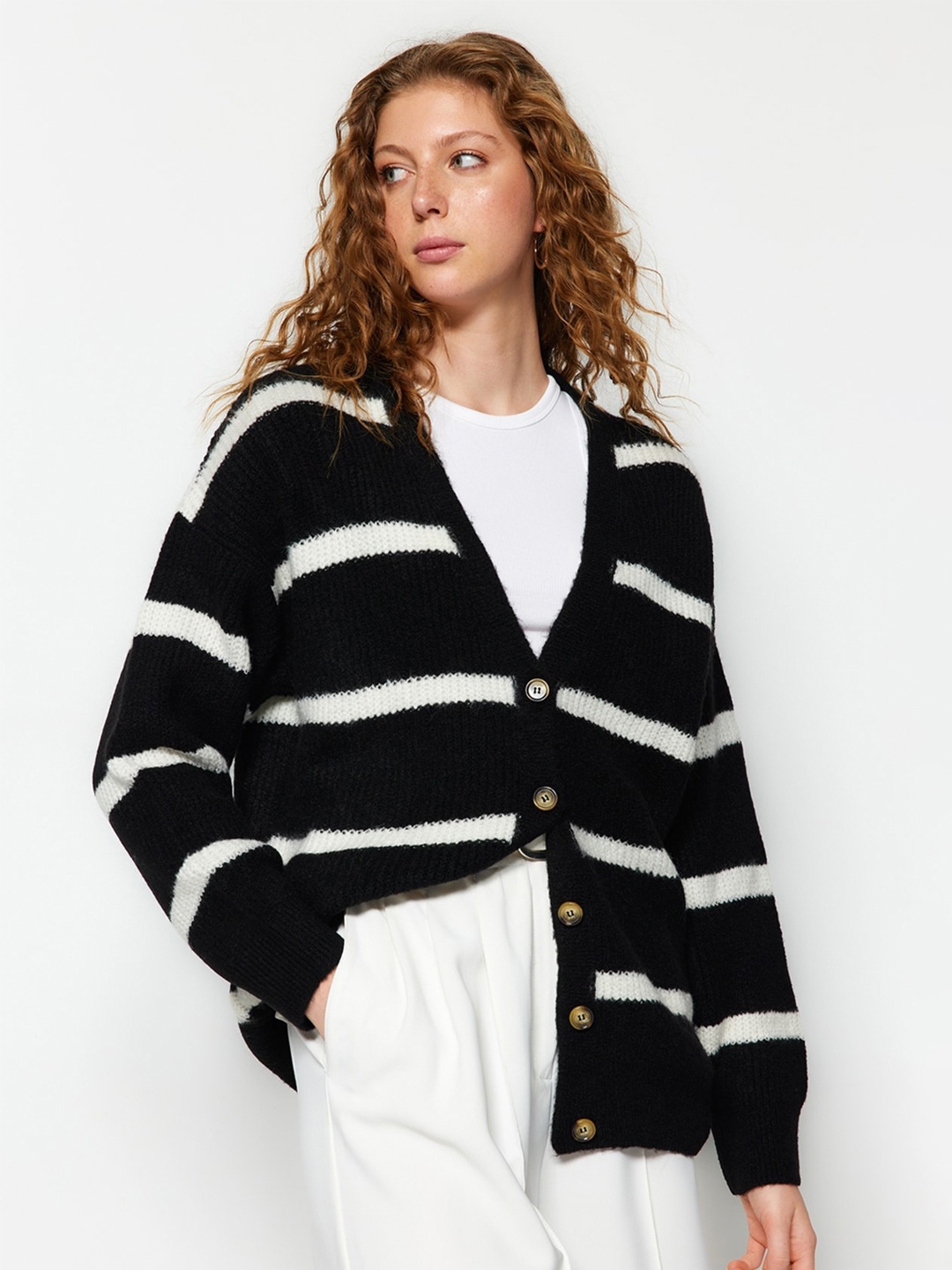 

Trendyol Striped Acrylic V-Neck Cardigan, Black