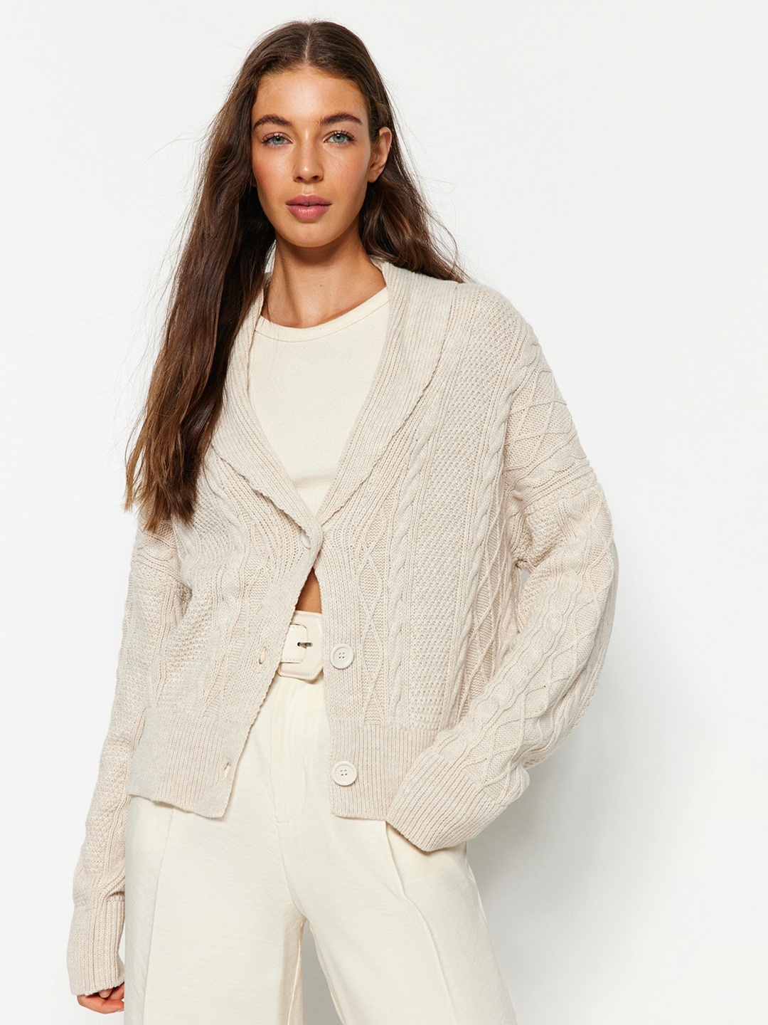 

Trendyol Cable Knit Pure Acrylic Cardigan, Grey