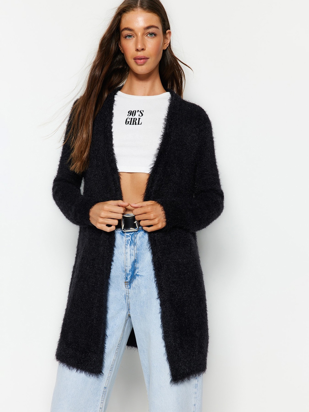

Trendyol Self Design Longline Front-Open Sweaters, Black