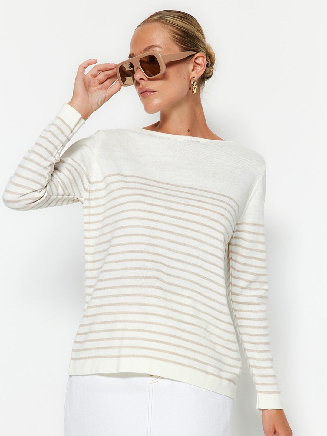 

Trendyol Striped Boat Neck Acrylic Pullover Sweater, White