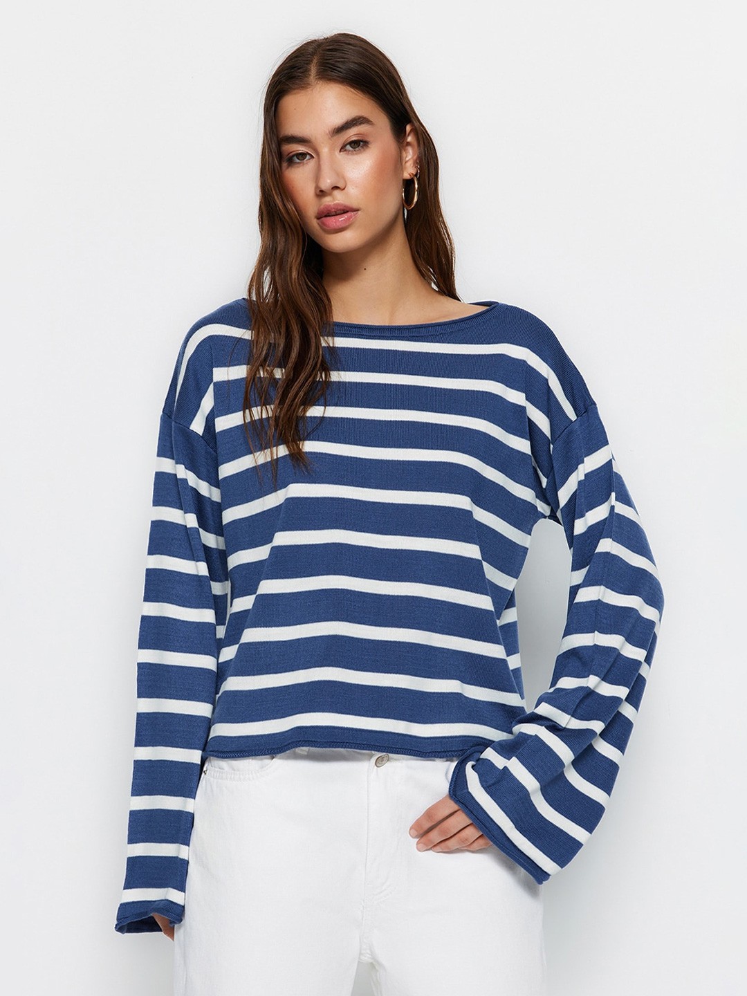 

Trendyol Women Blue & White Striped Pullover