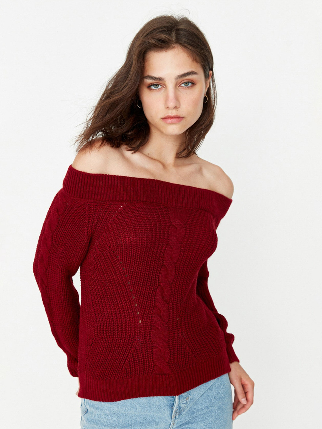 

Trendyol Off-Shoulder Cable Knit Pure Acrylic Pullover Sweaters, Burgundy