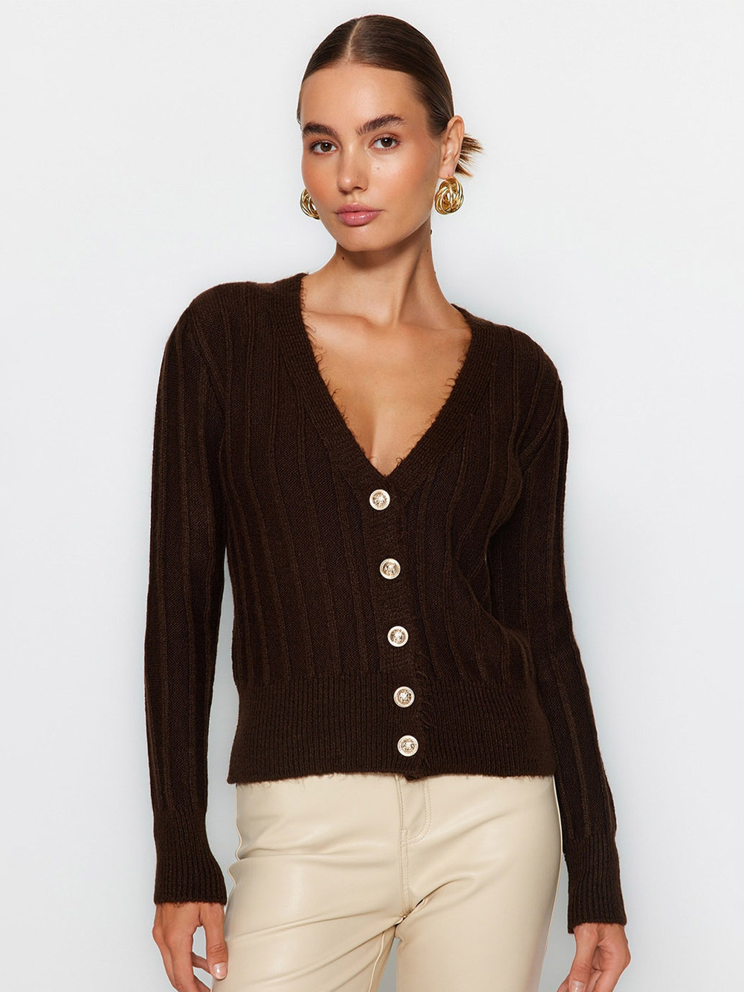 

Trendyol Ribbed V-Neck Acrylic Cardigan, Brown