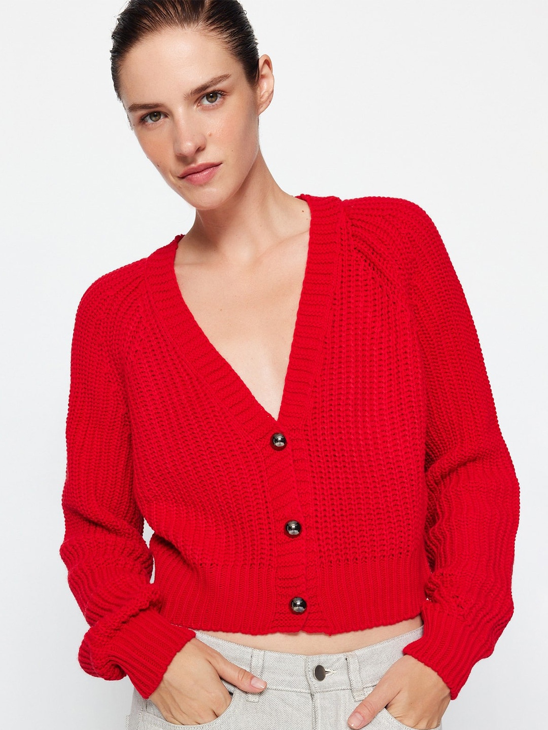 

Trendyol Cable Knit V-Neck Cuff Sleeves Crop Cardigan, Red