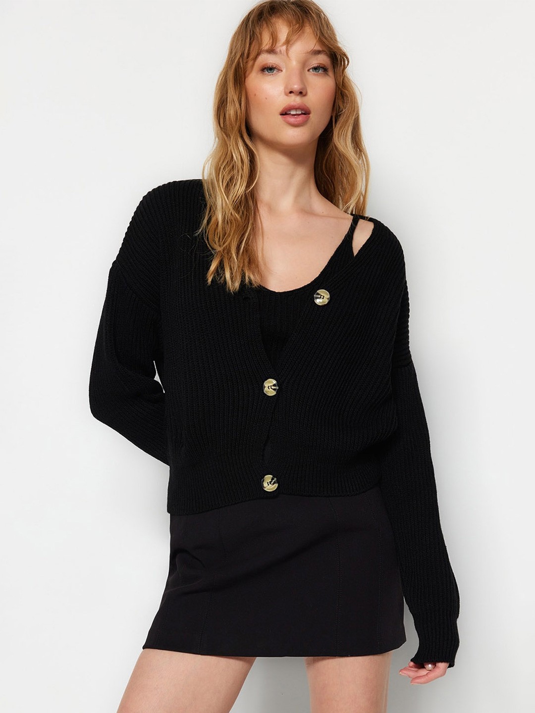 

Trendyol Ribbed Crop Acrylic Cardigan With Crop Top, Black