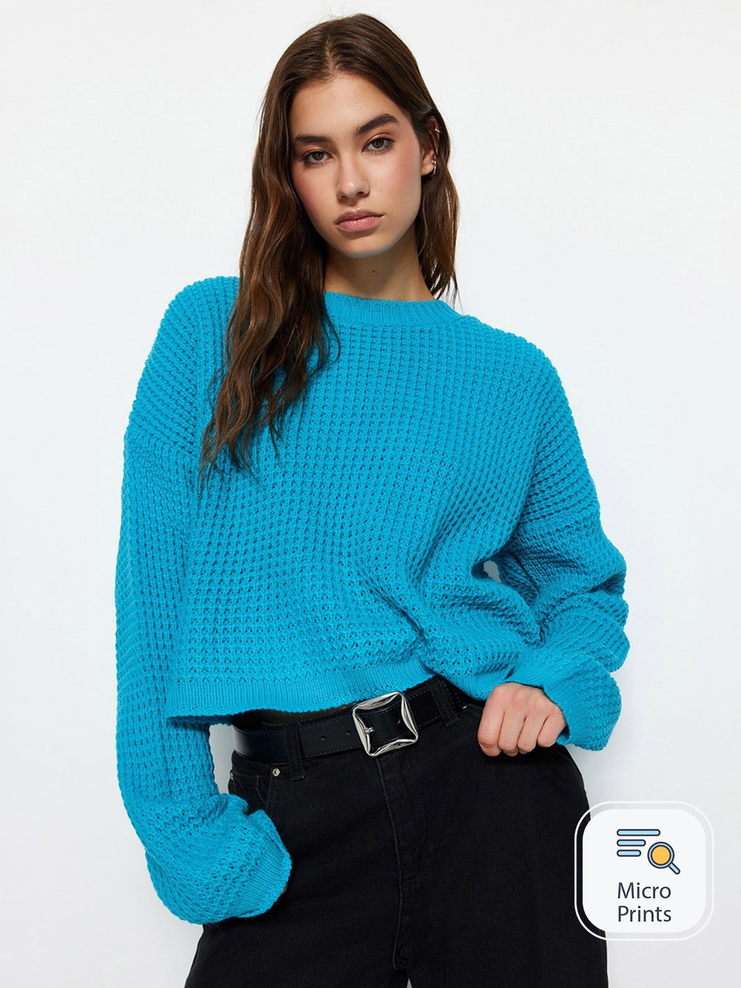 

Trendyol Self Design Pure Acrylic Crop Pullover, Blue